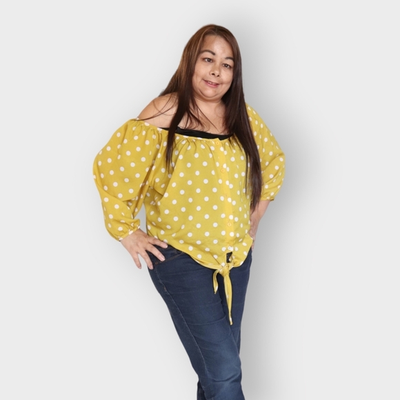 COLLECTION COSTA BLANCA WOMENS L YELLOW & WHITE POKA DOT SHIRT - Picture 14 of 14